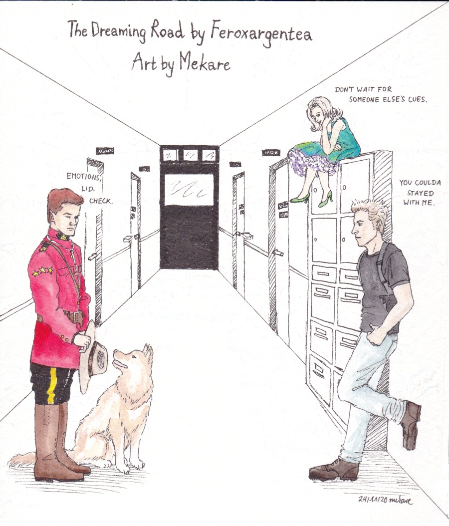 Fraser opposite Kowalksi in a hallway, a dog at his feet, a girl on top of a wardrobe